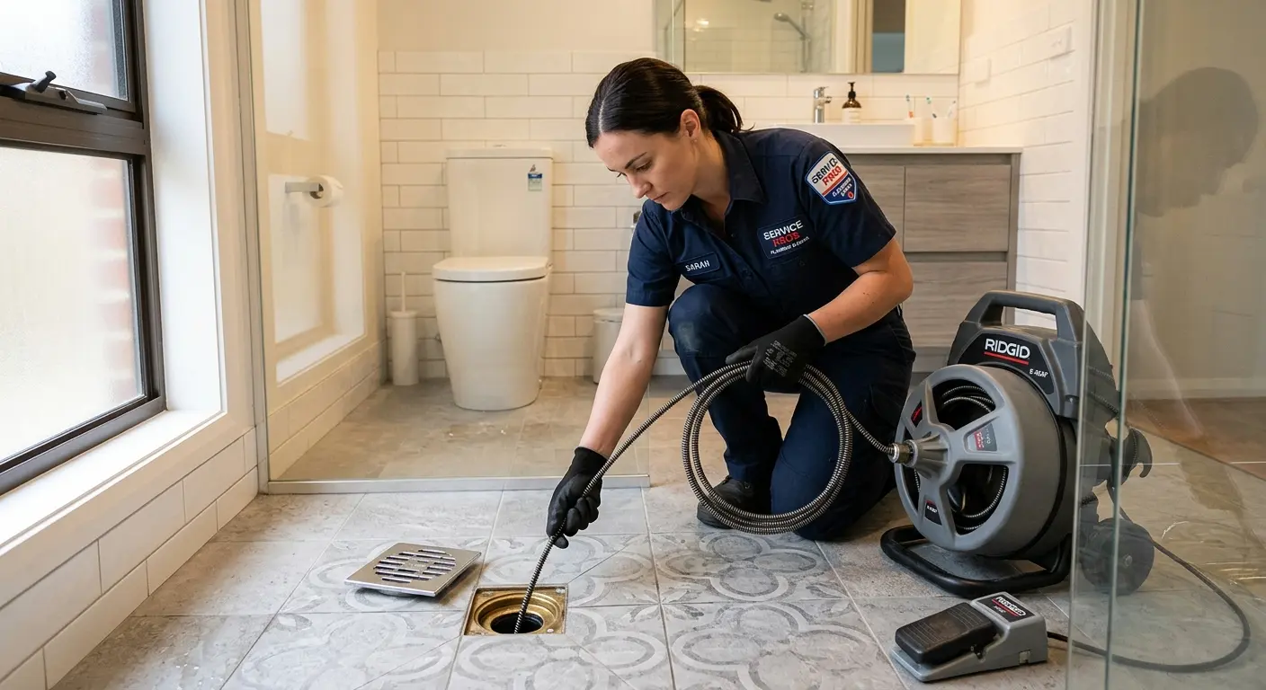 Technician clearing a bathroom floor drain for Sewer Line Replacement in Kaiminani
